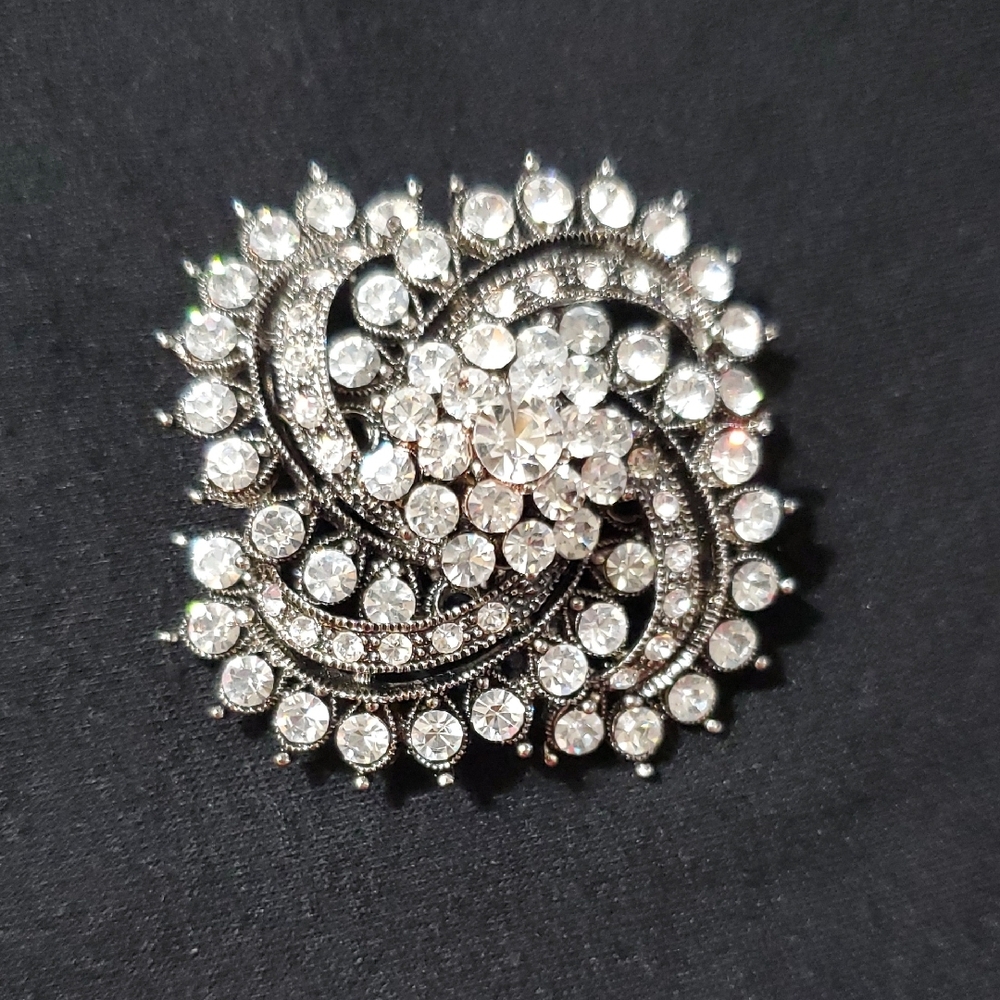 Elegant Black And Silver Brooch With Crystal Embellishments, Costume
